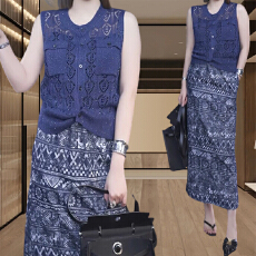 批发轻熟小众不撞款<b class='q'>套装</b>女士夏季钩花镂空无袖针织衫<b class='q'>印花</b>半身裙两件套