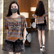 批发欧货套装女2026夏新款不规则扎染色短袖松紧腰<b class='q'>钉珠</b>牛仔短裤两件套