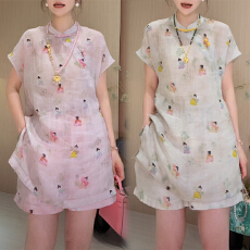 批发新中式国风印花短袖上衣<b class='q'>休闲</b>短裤<b class='q'>套装</b>女2026年夏季新款时尚两件套