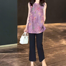 批发新中式国风印花背心上衣显瘦<b class='q'>休闲</b>裤两件<b class='q'>套装</b>女夏季新款时尚一整套