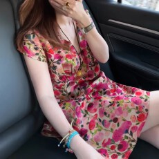 批发法式轻奢高级感印花中长款短袖<b class='q'>衬衫</b>女士2026夏季设计感侧开叉上衣