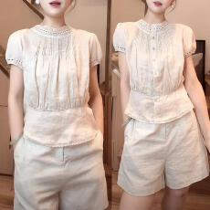 批发轻熟小众不撞款套<b class='q'>装</b>女夏季蕾丝拼接泡泡短袖衬衫休闲短裤子两件套