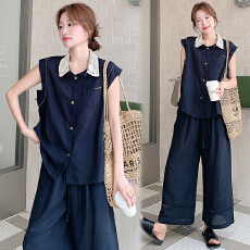 批发一整套穿搭女2026夏季新款翻领拼色无袖上衣<b class='q'>高腰</b>休闲<b class='q'>九分裤</b>两件套