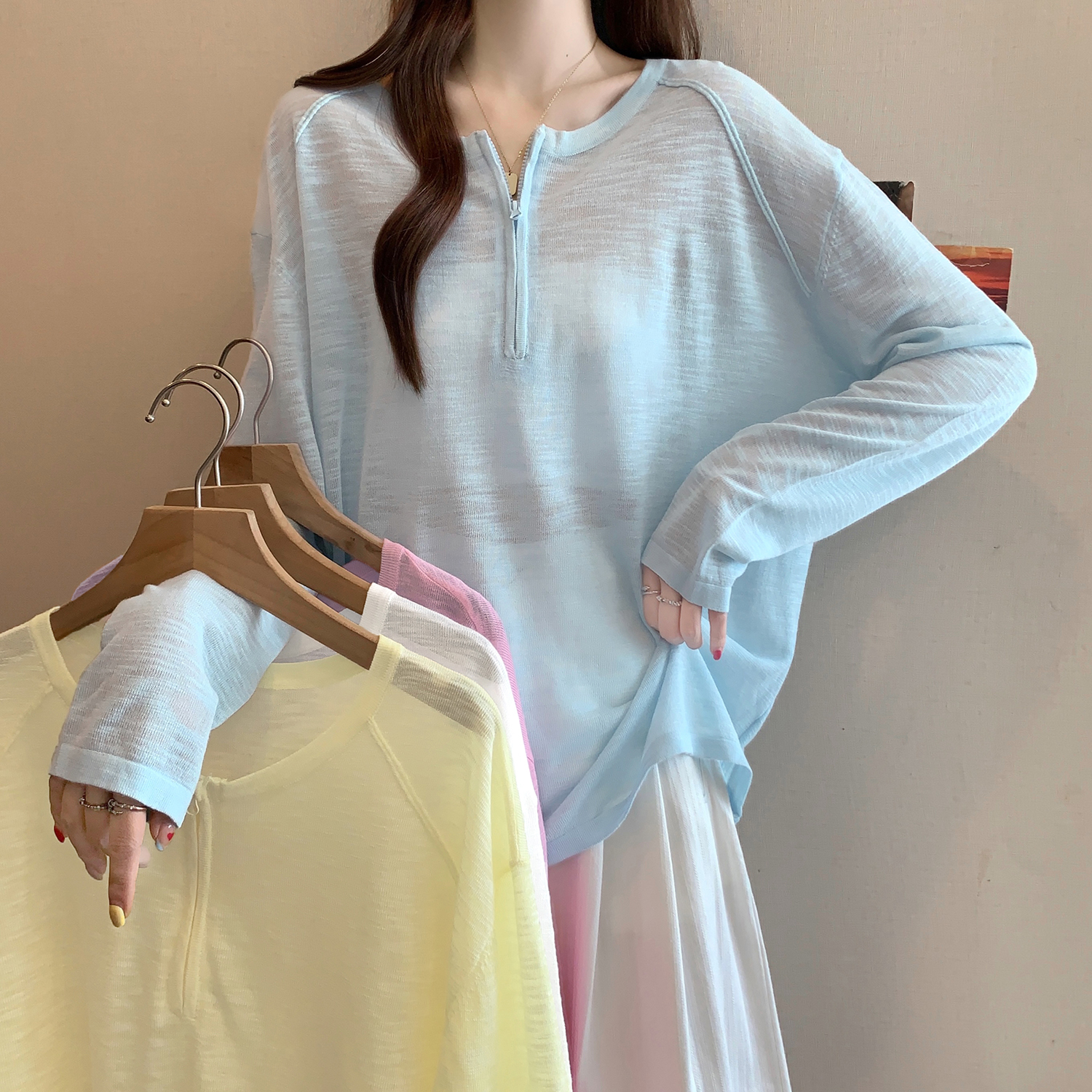 FA34474# 夏季新款百搭户外出游穿搭超薄冰凉感防晒上衣长袖T恤女生 服裝批發女裝批發服飾貨源