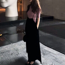 批发2026夏季新款韩系穿搭修身薄款圆领T恤上衣<b class='q'>宽松</b>阔腿背带长裤套装