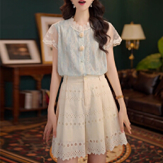 批发韩版圆领蕾丝拼接短袖衬衫+高腰休闲裙裤两件套女 夏季两件套