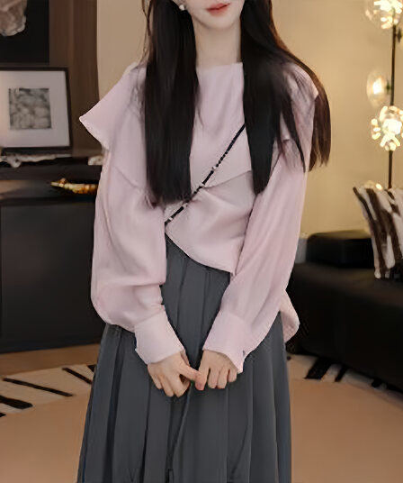 패션 단색 디자인 센스 긴팔 여성 셔츠 2026 가을 새로운 작은 대중 패션 외국 가스 슬림해 보이는 다용도 옷