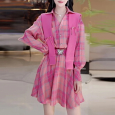 批发法式复古风小个子粉色格纹<b class='q'>衬衫</b>连衣裙女2025秋季独特漂亮掐腰裙子