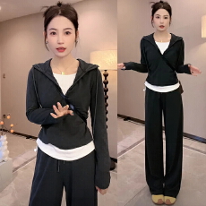 批发深灰色简约色系百搭款假两件显瘦修身撞色连帽上衣直筒裤套装女
