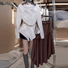 批发韩系一字领纯色不规则衬衫早秋气质显瘦衬衣半身裙时尚漂亮套装裙