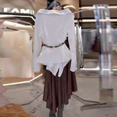 批发韩系一字领纯色不规则衬衫早秋气质显瘦衬衣半身裙时尚漂亮套装裙