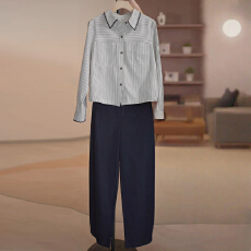 批发2026早春新款条纹<b class='q'>衬衫</b>休闲百搭显瘦裤子潮流流行时尚套装女生