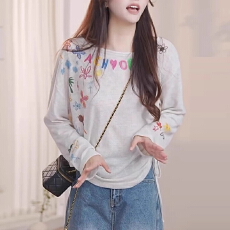 批发ins风长袖女士涂鸦刺绣慵懒氛围感不规则抽绳薄款针织上衣早秋女Y