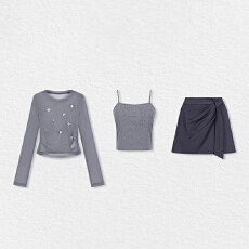 批发2026秋季银线针织吊带罩衫织压褶<b class='q'>半裙</b>套装