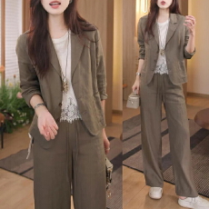 轻奢款通勤百搭套装2026年春秋新款翻领西装外套休闲阔腿裤两件套