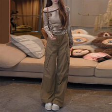 批发2026早秋新款纯欲甜酷风时尚套装女斜肩条纹<b class='q'>长袖</b>上衣工装裤两件套