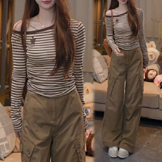 批发2026早秋新款纯欲甜酷风时尚套装女斜肩条纹<b class='q'>长袖</b>上衣工装裤两件套