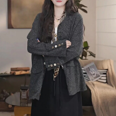 批发轻奢复古纯色系长袖针织外套女秋新款<b class='q'>宽松</b>显瘦多扣开衫2026