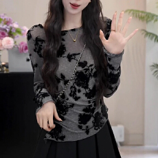 批发新中式水墨<b class='q'>印花</b>长袖t恤女春秋新款不规则开又收腰显瘦打底衫上衣