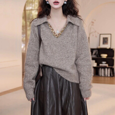 批发秋新款纯色poloV领毛衣开衫长袖女小众设计领子上衣女2026