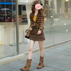 批发2026春季新款时尚<b class='q'>条纹</b>假两件针织衫长袖上衣显瘦工装裙裤休闲套装