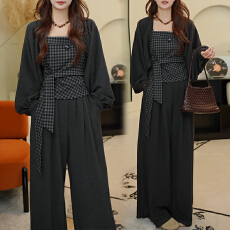 批发韩系氛围感穿搭套装女2026春秋新款格纹<b class='q'>吊带</b>披肩外套阔腿裤三件套