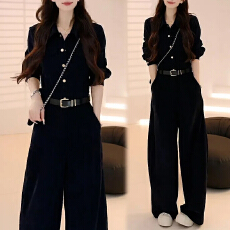 批发2026春秋新款宽松显瘦连体衣阔腿裤子女老钱风气质长袖衬衫<b class='q'>连体裤</b>