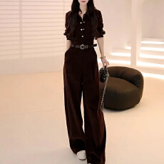 批发2025春秋新款宽松显瘦连体衣阔腿裤子女老钱风气质长袖衬衫<b class='q'>连体裤</b>