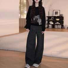 批发时尚套装女2026秋冬印花<b class='q'>针织衫</b>毛衣松紧腰高腰格子休闲裤两件套