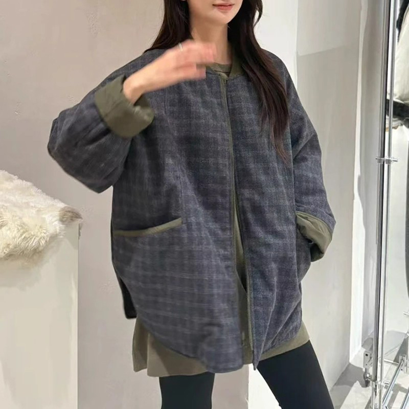 레트로 블랙 회색 체크무늬 양면 착용 스탠드 칼라 솜을 넣은 여성 코트 가을 겨울철 작은 키 느긋한 루즈핏 면 의류 면 옷