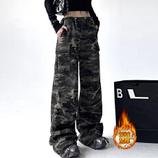批发港风复古设计感多口袋工<b class='q'>装</b>裤女2025秋季新款宽松休闲直筒迷彩长裤