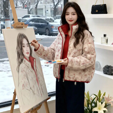 2025冬季新款拼色设计感长袖棉服女洋气轻薄潮流显瘦百搭通勤外套