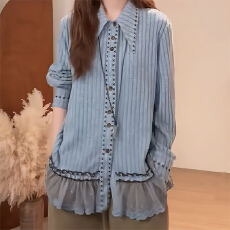 批发韩系高级感翻领拼色<b class='q'>长袖</b>衬衫女2025冬季新款衬衣气质宽松显瘦上衣