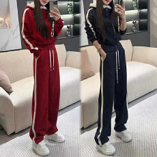 批发连帽拉链撞色潮流套装2025冬季宽松保暖同色系上衣<b class='q'>裤</b>子日常两件套