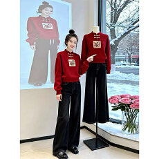 批发新中式国风立领盘扣长袖针织衫女秋冬季新款气质复古拼色显白<b class='q'>上衣</b>