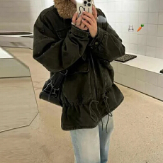 批发复古水洗做旧下摆抽绳花苞夹克收腰修身<b class='q'>外套</b>工装棉服女冬季<b class='q'>韩版</b>