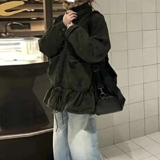 批发复古水洗做旧下摆抽绳花苞夹克收腰修身<b class='q'>外套</b>工装棉服女冬季<b class='q'>韩版</b>