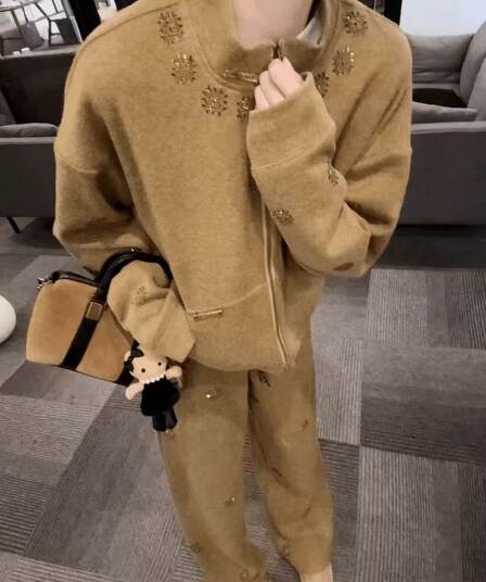 가을 겨울 품격 슬림해 보이는 느긋한 바람 스탠드 칼라 핫픽스 재킷 패션 넓은 다리 길이 바지 세트