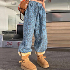 批发豹纹拼接设计感阔腿休闲裤女2025冬季新款时尚减龄气质洋气裤子