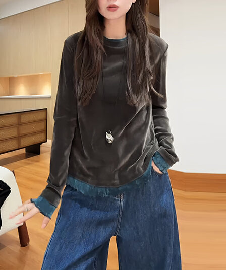 한 부서 편안함 작은 대중 슬림해 보이는 느긋한 바람 이중층 칼라 미니멀리즘 단색 티셔츠 2026 새로운 다용도 트렌드 옷
