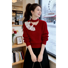 批发<b class='q'>甜美</b>精致挂脖镂空领针织衫2026秋冬荷叶边毛球装饰修身长袖日常款