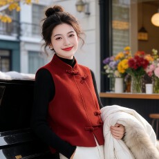 新中式国风盘扣红色马甲女2026年秋冬新款小众独特长袖立领针织衫