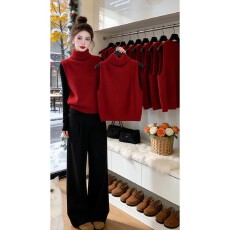 批发大码纯色高领无袖毛衣马甲2026新款秋<b class='q'>冬</b>新年红叠穿外搭背心针织女