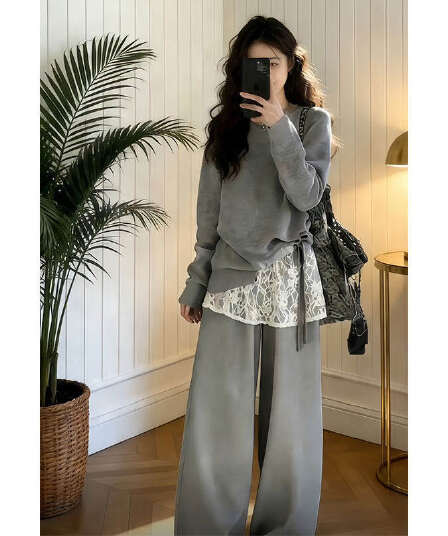 한 부서 chic 세트 느긋한 바람 패치워크 페이크 레이어드 맨위 슬림해 보이는 느슨함 센스 캐주얼 와이드 레그 팬츠 두 조각 여성 세트