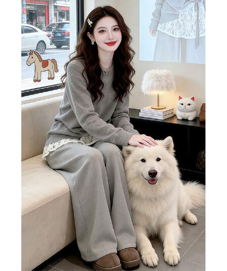 한 부서 chic 세트 느긋한 바람 패치워크 페이크 레이어드 맨위 슬림해 보이는 느슨함 센스 캐주얼 와이드 레그 팬츠 두 조각 여성 세트