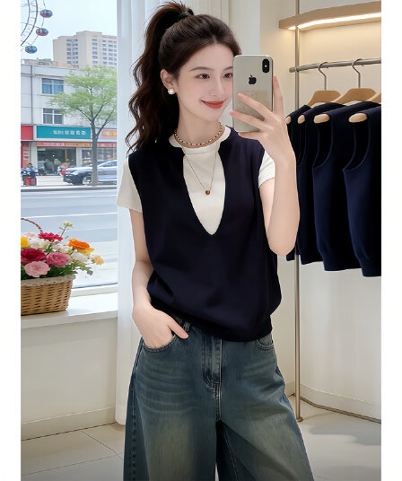 고급 센스 페이크 레이어드 반팔 티셔츠 여성 빅 사이즈 2026 여름 지방 mm 얇은 스타일 루즈핏 슬림해 보이는 맨위