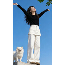 批发清新蜜桃白色韩系屁帘<b class='q'>牛仔</b>裤<b class='q'>女</b>春季新款高腰显瘦阔腿裤子