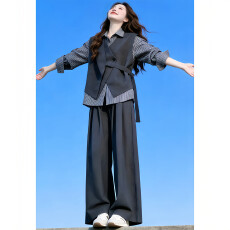 批发不规则马甲条纹衬衫阔腿裤套装女春秋季松弛感三件套大方得巨好看