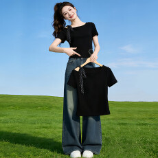 批发独特漂亮黑色短袖T恤女2026夏季新款法式设计感小众时尚气质上衣