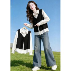 批发轻职姐姐宽松马甲拼接衬衫女2026<b class='q'>春</b>秋新款撞色假两件上衣